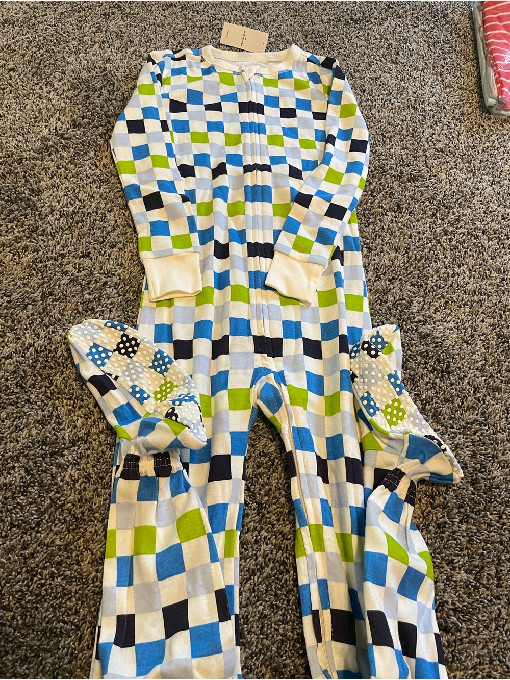 Old Navy Blue, Green, Navy & White Check One-Piece Footed Pajamas